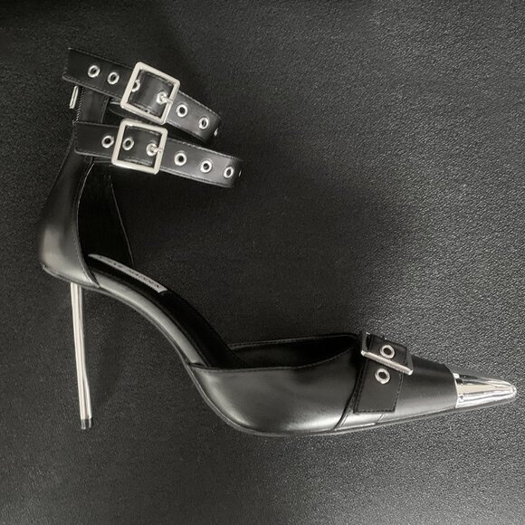 Steve Madden "Bex" Black Buckle Strap Pointed Cap Toe Stiletto Heels Size: 10M - Picture 5 of 10
